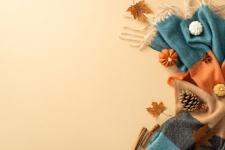 Capture charm of autumn with this inviting setup: top view featuring soft plaid, small pumpkins, yellow maple leaves, pine cone, cinnamon sticks, anise on pastel beige backdrop. Perfect for messages or adsの写真素材