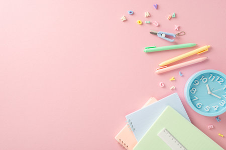 Create inspiring study area! Top view of stationery, notebooks, pens, scissors, alphabet letters, ruler, clock on pastel pink backdrop. Empty space is perfect for text or advert placementの写真素材