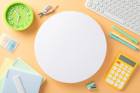 School essentials in focus: stationery, notebooks, pens, stapler, scissors, calculator, sticky...