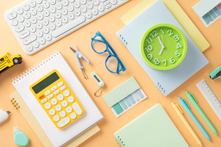 Embrace school spirit. Neatly organized stationery, calculator, clock, glasses, keyboard, car toy,...