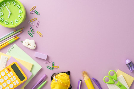 Embark on the educational process with this top-view photograph showcasing copybooks, clock and array of school supplies adorn isolated violet background, ready for personalized text or advertisingの写真素材