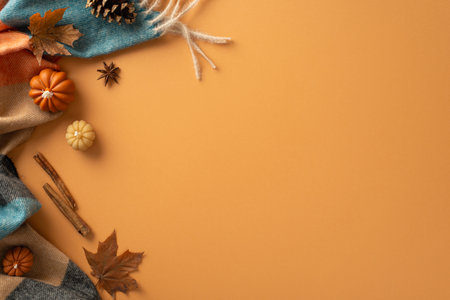 Welcome autumn vibes. Top view of warm blanket, miniature pumpkins, golden leaves, pine cone,...