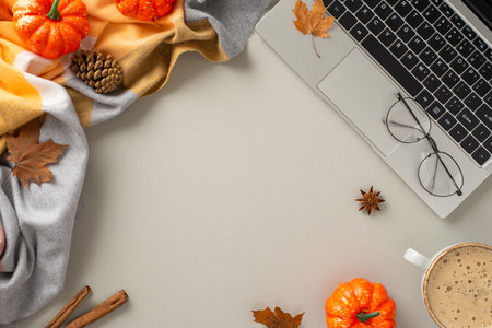 Top-down perspective encapsulates the working-from-home concept, featuring a laptop, cozy elements...