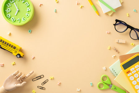 Embrace the back-to-school vibe with this high-angle view photo showcasing vibrant school supplies and toys on a pastel beige background. Ample round frame available for text or advertisementsの写真素材