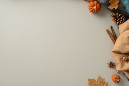 Experience the cozy bliss of autumn at home with this above view photo of patchy scarf, pumpkin candles, maple foliage, chinese anise with cinnamon set the scene for text or advert on gray backgroundの写真素材