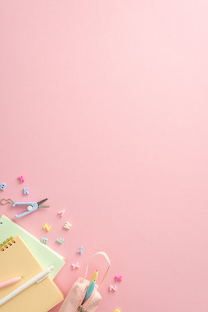Everything you need to excel. Top-down vertical perspective of school essentials - copybooks, pens, alphabet letters, and more - on light pink surface. Promote your back-to-school specials effectivelyの写真素材