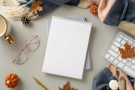 Working from home in autumn concept. Top view photo of notepad with gilded pen and glasses, keyboard, cup of hot coffee, patchy scarf and maple leaves on gray isolated background with copyspaceの写真素材