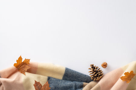 Fall relaxation on a white backdrop: Top-down image showcasing a warm cashmere blanket, maple leaves...