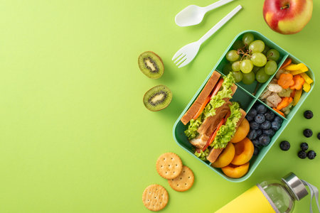 Lunch in the school cafeteria concept. Above view photo of lunch box with sandwiches, fruits and vegetables and water bottle on light green isolated background with copyspace for text or advertの写真素材