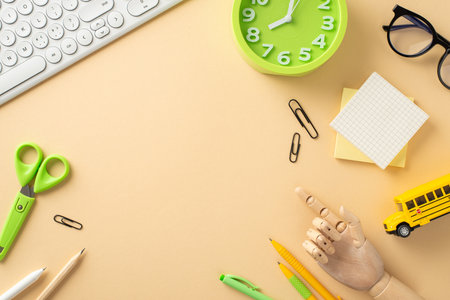 Immerse yourself in the digital learning era with this top-view composition, featuring a keypad,...