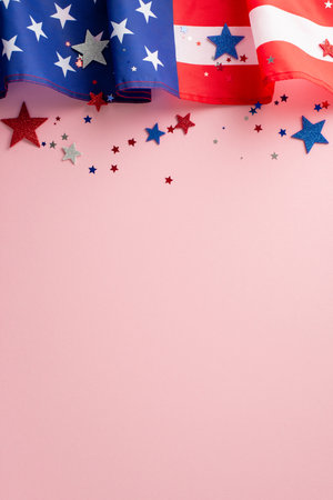 Captivating Labor Day tribute. Top view vertical photograph featuring a pink isolated backdrop, an American flag adorned with dazzling confetti stars, and ample space for text or advertising contentの写真素材