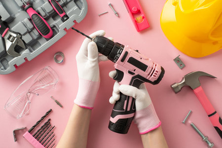 Honoring female workers on Labor Day. Woman's hands in gloves, holding drill. Tools bag with equipment, screws, wrench, hammer, nails, nuts, level, safety glasses, and helmet on pastel pink backgroundの写真素材