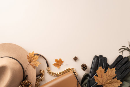 Embrace the spirit of autumn with stylish and warm clothing: handbag, felt hat, gloves and scarf on top view photograph against a white isolated background, providing space for text or advertisingの写真素材