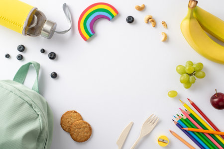Wholesome lunchtime concept portrayed from a top-down perspective of luscious fruits, nuts with a water bottle, pencils, and backpack placed on isolated white background, empty circle for text or adの写真素材
