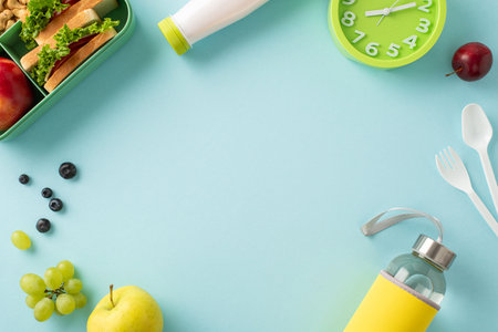 A captivating and nourishing lunch arrangement in a top view photo of lunchbox boasts mouthwatering sandwiches and clock on isolated blue background, providing copyspace for text or promotions.の写真素材