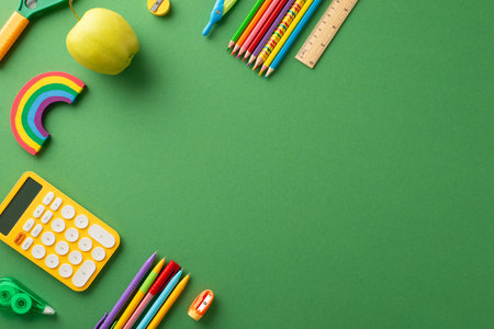 Schooltime essentials: A vivid top-view image of a green chalkboard displaying a delightful...