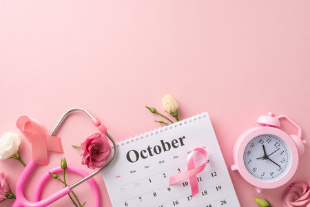 breast cancer awareness theme. Top view of October calendar, pink ribbon, stethoscope, alarm clock, beautiful eustoma flowers on pastel pink backdrop. Blank space for text or adsの写真素材