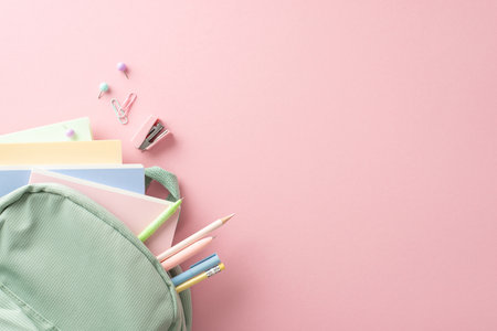 Schoolgirl's delight: Top view of open sage backpack with pencils, pens, notebooks, mini stapler, pushpins and clips for upcoming school season. Advertise in the pink pastel backdropの写真素材