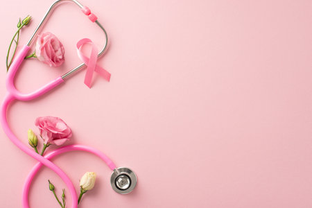 Remember the cause of this International Breast Cancer Awareness Month. Top view photo of satin pink ribbon with fresh eustoma flowers on pastel pink isolated background, suitable for text or advertisingの写真素材