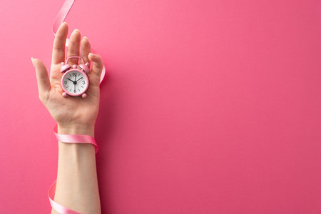 Conveying Breast Cancer Awareness Month concept. Top view snapshot showcasing a woman's hands holding alarm clock and pink ribbon on a pink isolated background, providing ample space for text or adsの写真素材