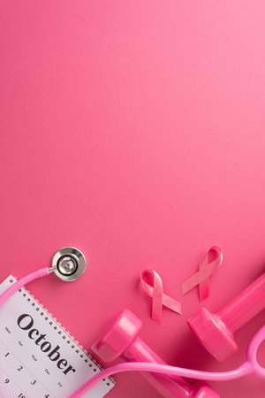 breast cancer survivor support. Vertical top view photo of doctor's tool, stethoscope, calendar with October month, pink ribbons, couple of dumbbells on pink background with space for advert or textの写真素材