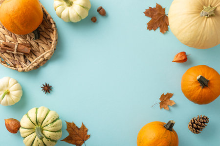 Thanksgiving heritage view. Top view shot of pumpkins, gourd, pattipans, leafage, anise, cinnamon sticks, physalis, pine cone, and wicker harvest basket on pastel blue surface, text or advert spaceの写真素材