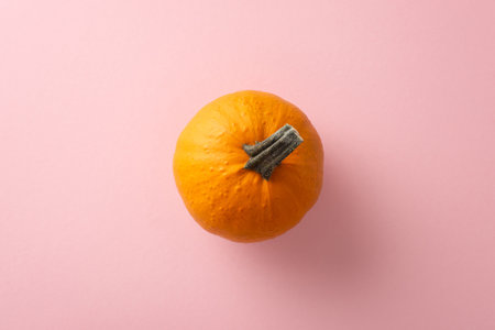 Creative top-down glimpse into autumn's allure with ripe pumpkin grace pastel pink background, offering copy-space for text or advertisements to capture the essenceの写真素材