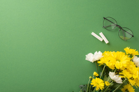 Honor your teacher creatively on Teacher's Day. Top-view picture of chrysanthemum bouquet, glasses and chalk on chalkboard isolated background. Copy-space for ads or text customizationの写真素材