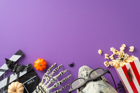 Embark on a journey into the realm of Halloween entertainment through above view of cinema popcorn paired with spooky decorations on isolated purple backdrop, perfectly suited for your advertisingの写真素材