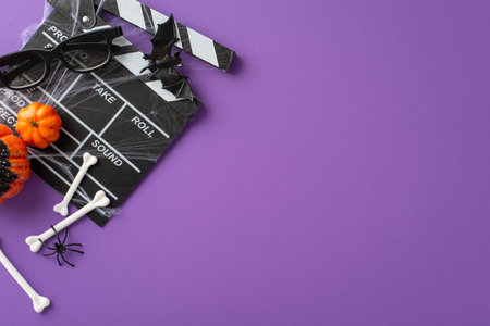 Unveil the essence of Halloween excitement with an intriguing snapshot showcasing film clapper and creepy decorations on isolated purple backdrop, offering an inviting space for your promotional textの写真素材