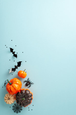 Join the celebration of spooky Halloween night. Top-view vertical shot presenting pumpkins, spiders and Halloween decorations on a blue isolated background. Great for advertising or text integrationの写真素材
