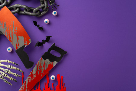 Haunting nightmare: Top view shot of Halloween elements - blood, chains, cleaver, saw, insects, bats, eyeballs and skeleton hand on black backdrop. Space for text, encapsulating eerie ambiance for adの写真素材
