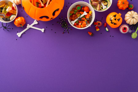 Enchanting children's trick or treat festivity. Bird's-eye perspective capturing a pumpkin basket with treats and Halloween decorations on a purple isolated background, ample space for text or advertの写真素材