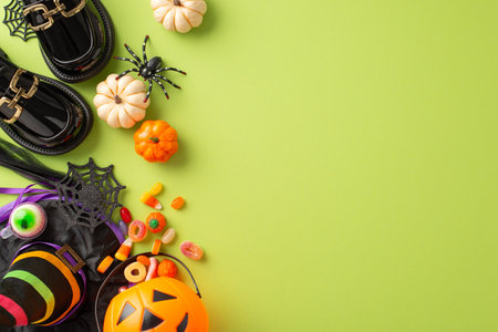 Fun Halloween night celebration for kids concept. Top view photo of sweets, child costume elements and Halloween-themed decorations on green isolated background with copy-space for advert or textの写真素材