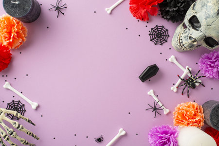 Transport to Mexico's Day of the Dead festivities. Top-view image of skeleton's hand, skull adorned with flowers, confetti, and candles. Spooky accents on pastel purple make for compelling compositionの写真素材