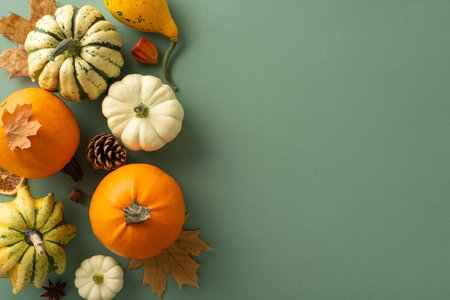 Transport your audience to the autumn harvest scene. Aerial image featuring ripe pumpkins and traditional fall elements on dark green isolated background, allowing for text or promotional useの写真素材