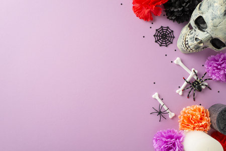 Mexican culture shines in this top-view photo. Creepy skull adorned with flowers, confetti, and bones, set against a pastel purple backdrop enriched with spooky details and ad or greeting text spaceの写真素材