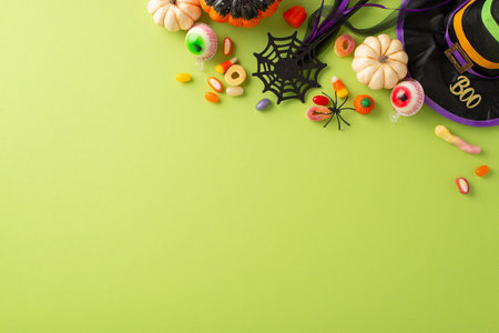 Captivating Halloween night event for youngsters idea. Top view snapshot showcasing confectioneries, child costume elements, and spooky decor on a green isolated setting, designed for adverts or textの写真素材