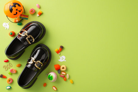 Lively Halloween night fest for kids visualization. Top-down photo exhibiting an assortment of candies, child loafers and eerie decorations on an isolated green base, tailored for ads or textの写真素材