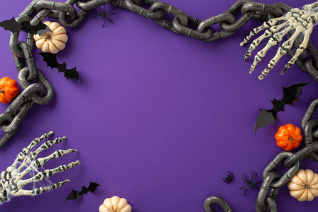 Enjoyable Halloween celebration concept. Top view photo featuring pumpkins, skeleton hands, chains and spooky decorations on a purple isolated backdrop. Ample copy-space for text or advertisingの写真素材