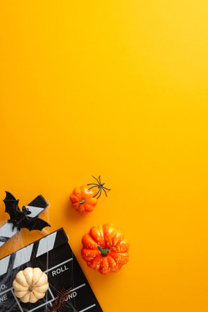 Prepare for a bone-chilling Halloween night movie marathon. Top view vertical shot of orange isolated background adorned with spooky Halloween decorations with copy-space available for advert or textの写真素材