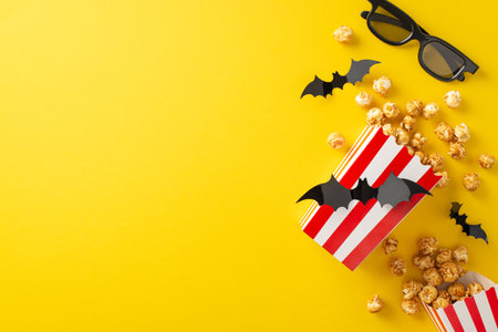 Join the Halloween film fun! Top-down view of friends' cinema night. Spooky decor, popcorn boxes, creepy bats, 3D glasses on a yellow backdrop with empty space for advertの写真素材