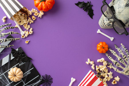Elevate the Halloween with an enchanting spirit photograph that captures cinema attributes and eerie embellishments on a mesmerizing purple isolated canvas, providing space for marketing contentの写真素材