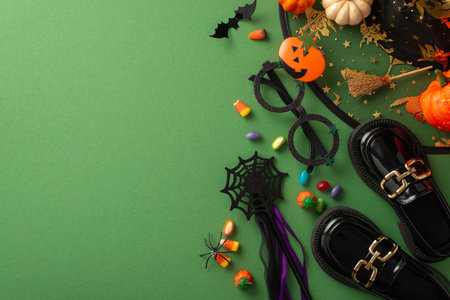 Embrace spirit of Halloween night celebration with this bird's-eye view snapshot highlighting witch costume, Halloween decorations on green isolated backdrop, perfect for text or advert incorporationの写真素材