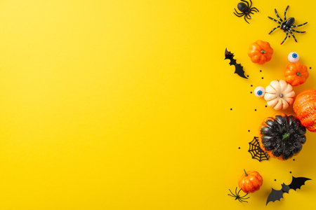 Step into allure of eerie Halloween nocturnal concept. Overhead snapshot highlighting pumpkin, bats, human eyes and Halloween decorations on yellow isolated backdrop, copyspace for advertising or textの写真素材