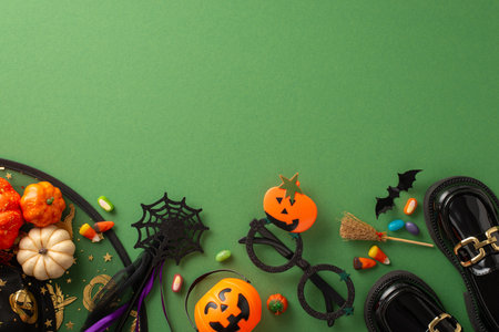 Indulge in Halloween ambiance with this enchanting overhead picture featuring witch attributes, Halloween-themed decorations on a green isolated background, ideal for text or advert placementの写真素材