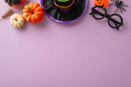 Step into tradition of Halloween trick-or-treating with above view photograph featuring witch costume elements and Halloween decor on isolated violet background, for advertisements or textの写真素材
