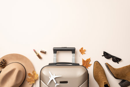 Autumnal femininity at 30,000 feet. Mini airplane model, trendy essentials - felt hat, vintage sunglasses, ankle boots, luggage, lipstick, fall leaves, pine cone, neutral setting from top viewの写真素材