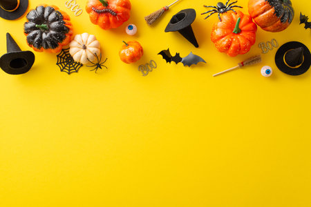 Commemoration of eerie Halloween evening idea. High-angle shot displaying pumpkins, eyes, witch hats, brooms and other decor on yellow isolated backdrop. Perfect for advertising or text incorporationの写真素材