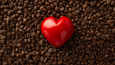 Overhead image of an array of roasted coffee beans with big red heart, signifying affection for coffee, a superb backdrop for advertising or promotionの写真素材